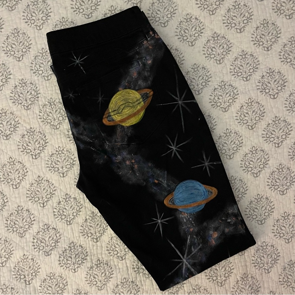 Hand Painted Black Jeans with Vibrant Planets and Stars Design OOAK Size 9 - Picture 8 of 14